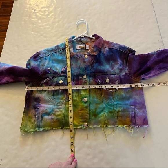 Handmade Tie Dye Jean Jacket Womens Size Medium Cropped Upcycled Colorful Denim - Picture 7 of 13
